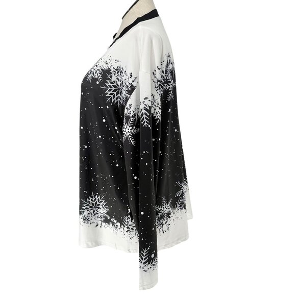 Snowflake Print Womens Top fits like 3XL US Black White LS V-Neck Poly Spandex - Picture 5 of 8